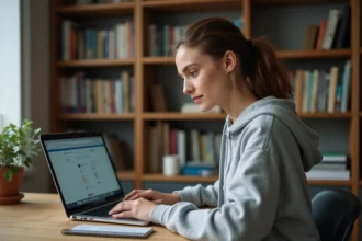Étudiante suivant un cours en ligne MOOC sur son ordinateur portable dans un bureau à domicile