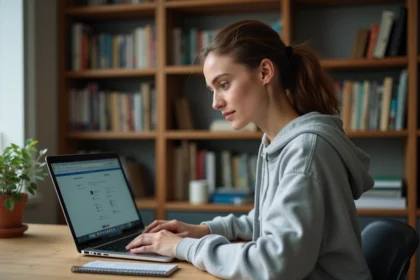 Étudiante suivant un cours en ligne MOOC sur son ordinateur portable dans un bureau à domicile