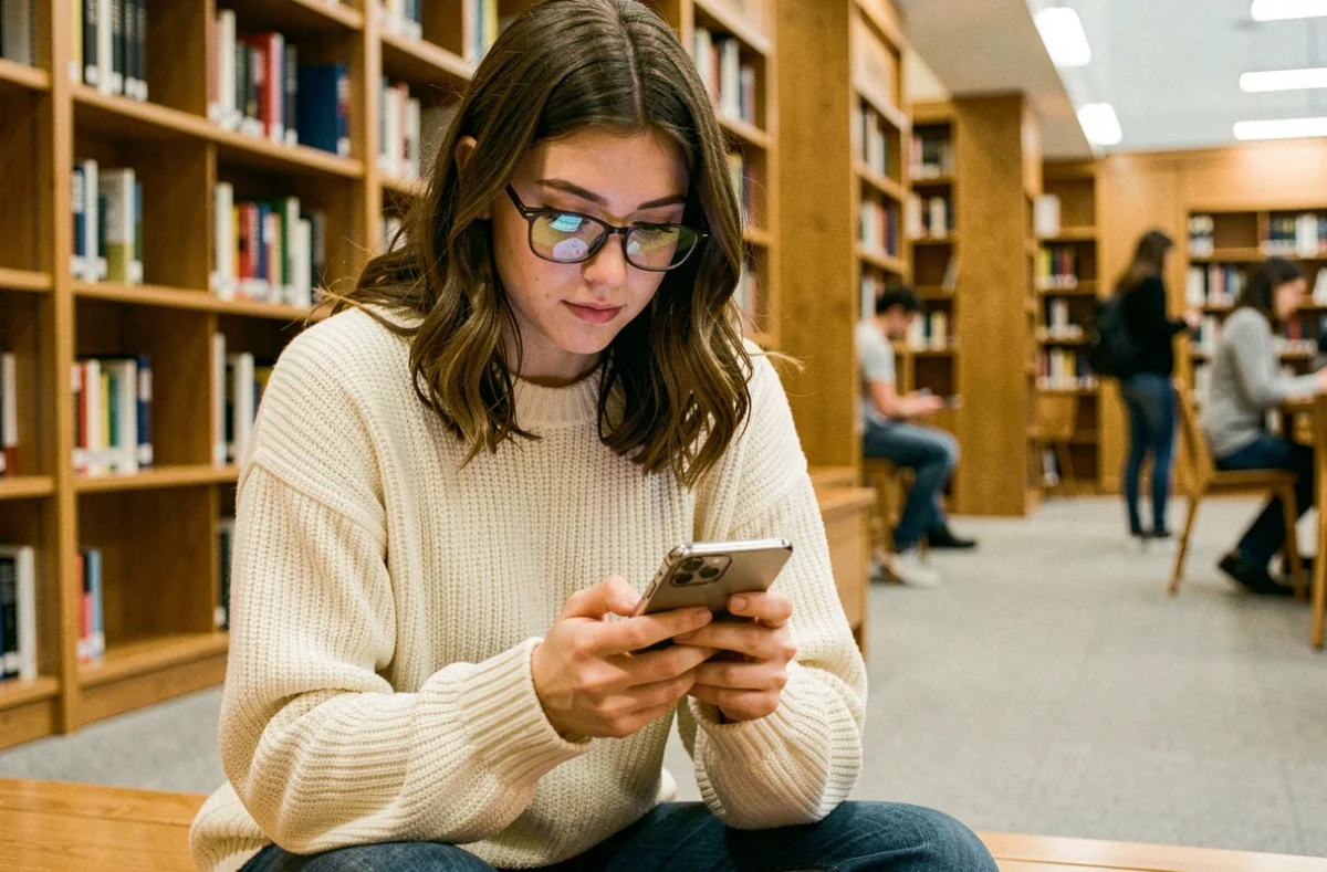 Étudiante connectée à l'ENT de l'Université d'Angers sur son smartphone dans une bibliothèque universitaire