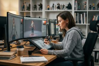 Étudiante en game art travaillant sur une tablette graphique dans un studio de conception de jeux vidéo