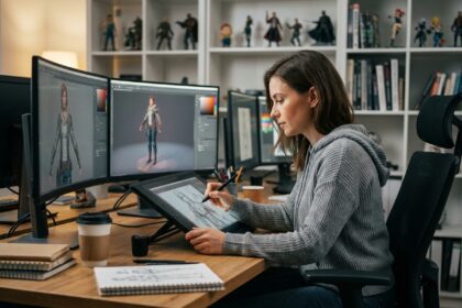 Étudiante en game art travaillant sur une tablette graphique dans un studio de conception de jeux vidéo