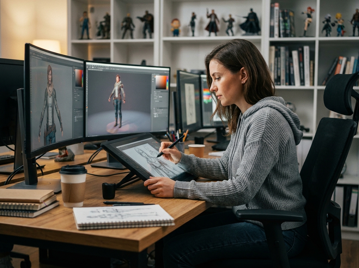 Étudiante en game art travaillant sur une tablette graphique dans un studio de conception de jeux vidéo