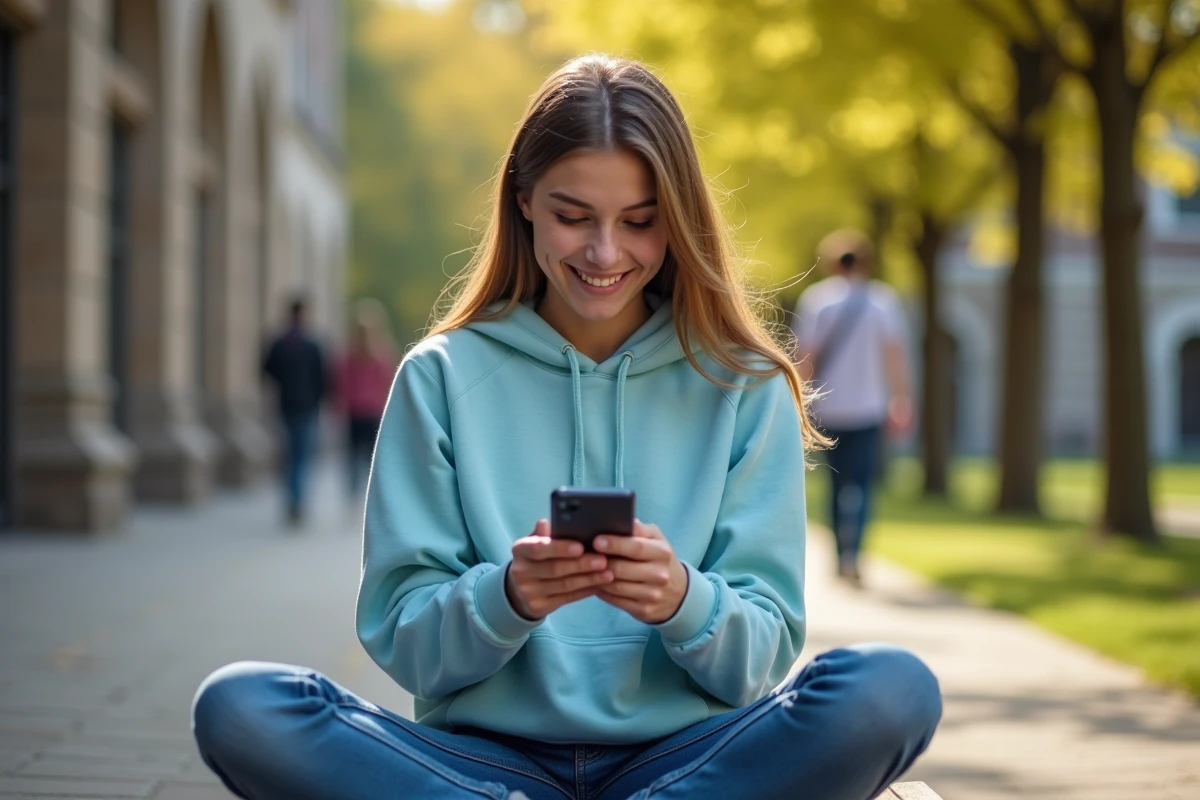 Étudiante consultant le portail LEO UGA sur smartphone en extérieur sur le campus de l'Université Grenoble Alpes