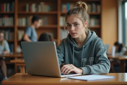 Étudiante configurant sa messagerie universitaire sur un ordinateur portable dans une bibliothèque universitaire