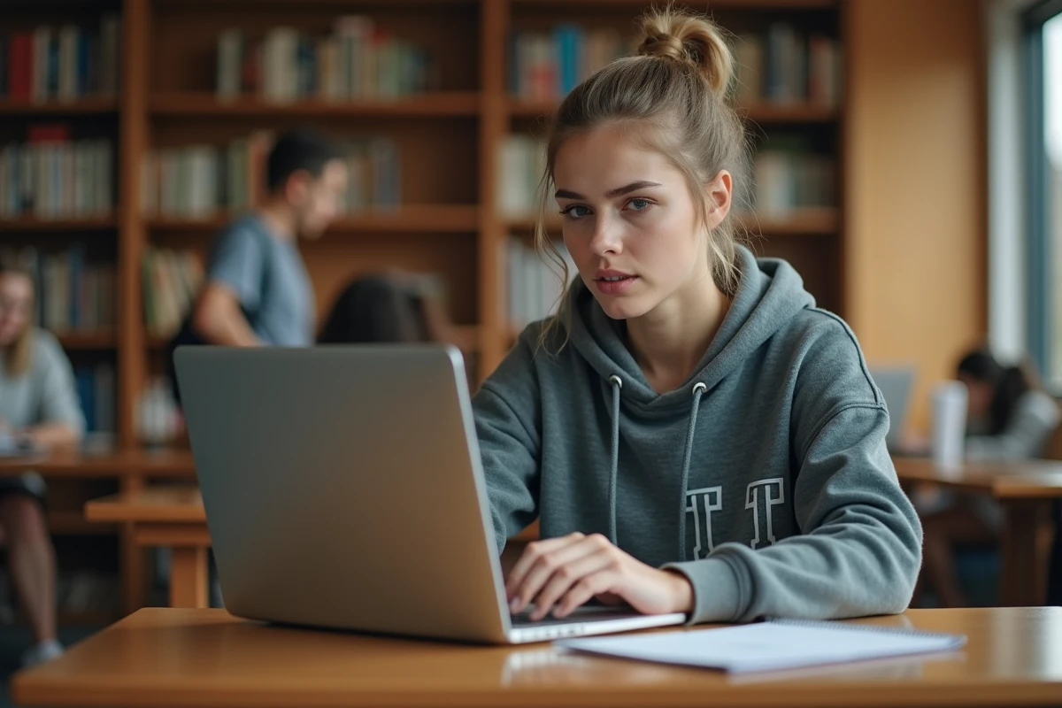 Étudiante configurant sa messagerie universitaire sur un ordinateur portable dans une bibliothèque universitaire