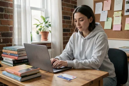 Étudiante payant sa CVEC en ligne sur son ordinateur portable dans sa chambre d'étudiant