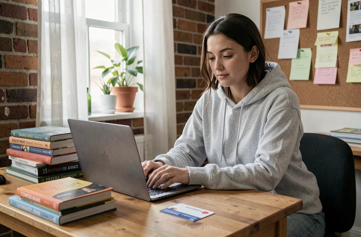 Étudiante payant sa CVEC en ligne sur son ordinateur portable dans sa chambre d'étudiant
