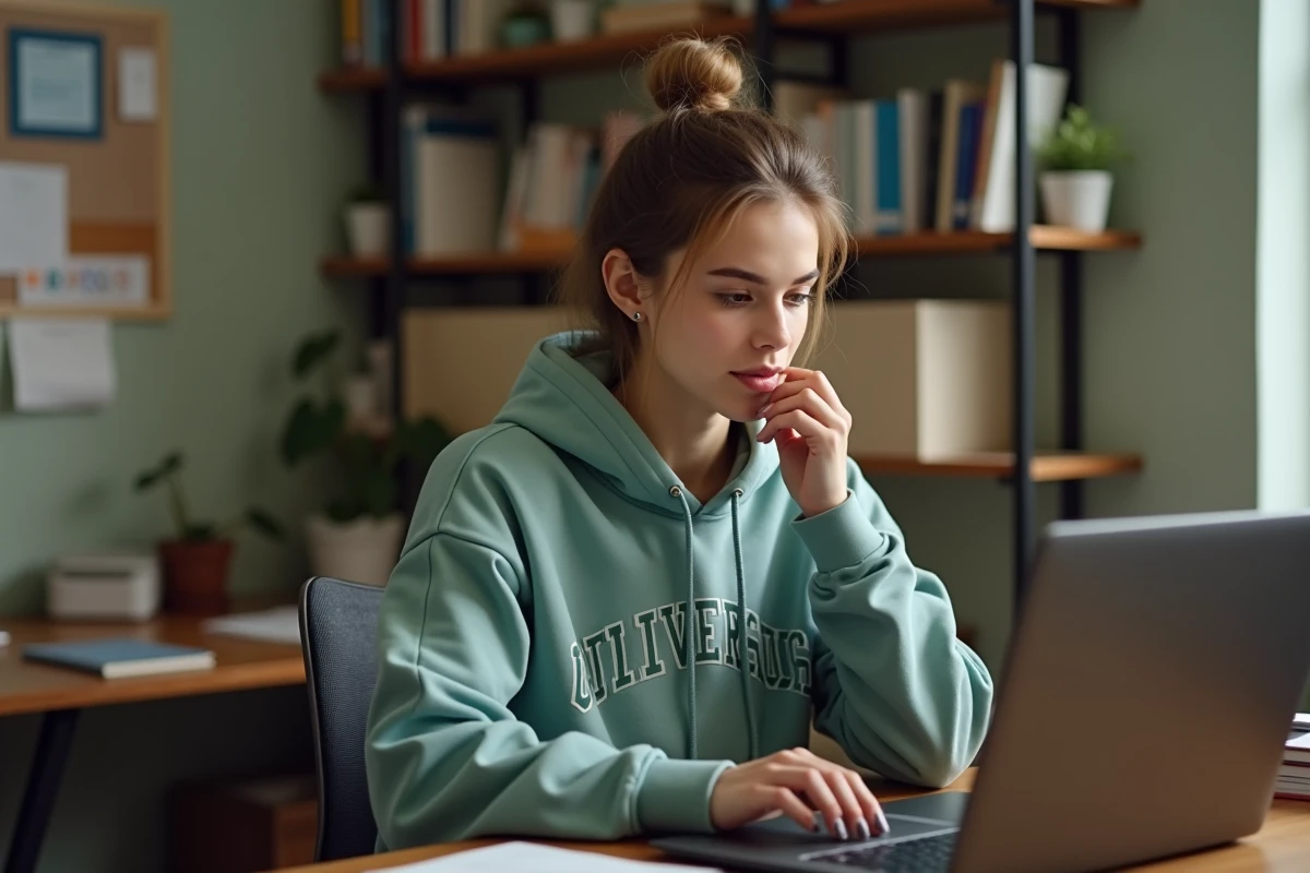 Étudiante qui consulte une plateforme de réductions en ligne sur son ordinateur portable dans sa chambre universitaire