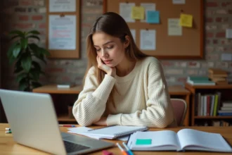 Étudiante en prépa comparant cahier papier et application numérique sur ordinateur portable à son bureau