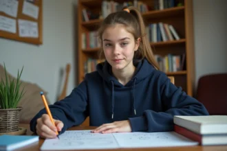 Étudiante en première révisant les formules trigonométriques sin a cos b à son bureau avec des notes manuscrites
