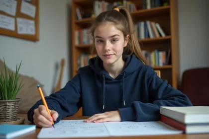 Étudiante en première révisant les formules trigonométriques sin a cos b à son bureau avec des notes manuscrites