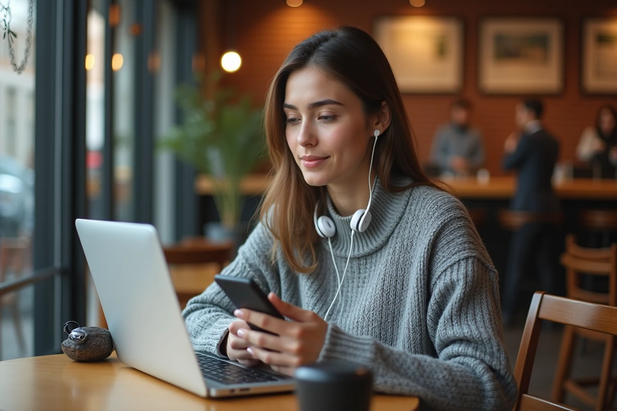 Étudiante accédant aux services UGA via LEO sur mobile depuis un café, avec un ordinateur portable ouvert sur la table