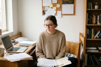 Étudiante organisant ses papiers universitaires sur son bureau dans un appartement studio