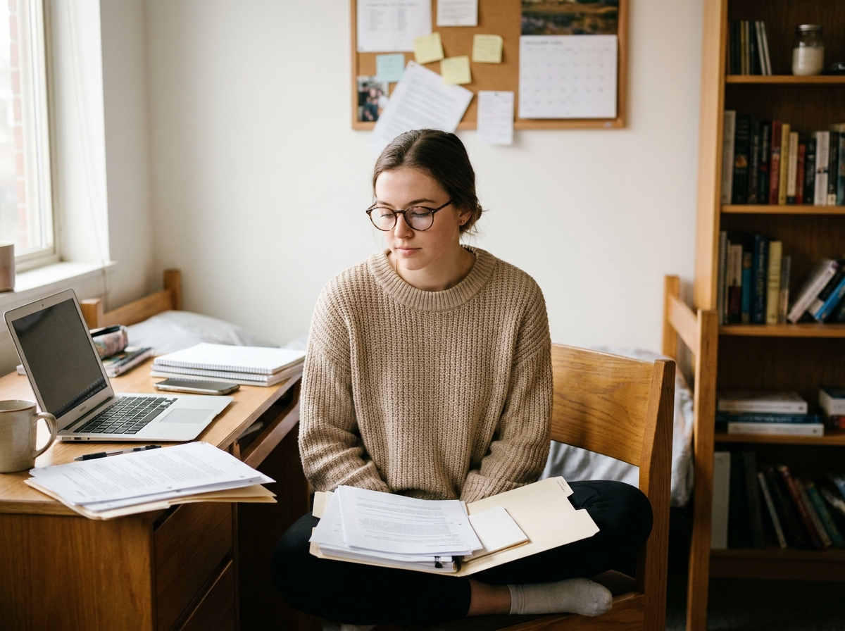 Étudiante organisant ses papiers universitaires sur son bureau dans un appartement studio