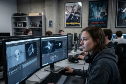 Étudiante en effets spéciaux numériques travaillant sur un logiciel de VFX dans un studio d'école de cinéma moderne