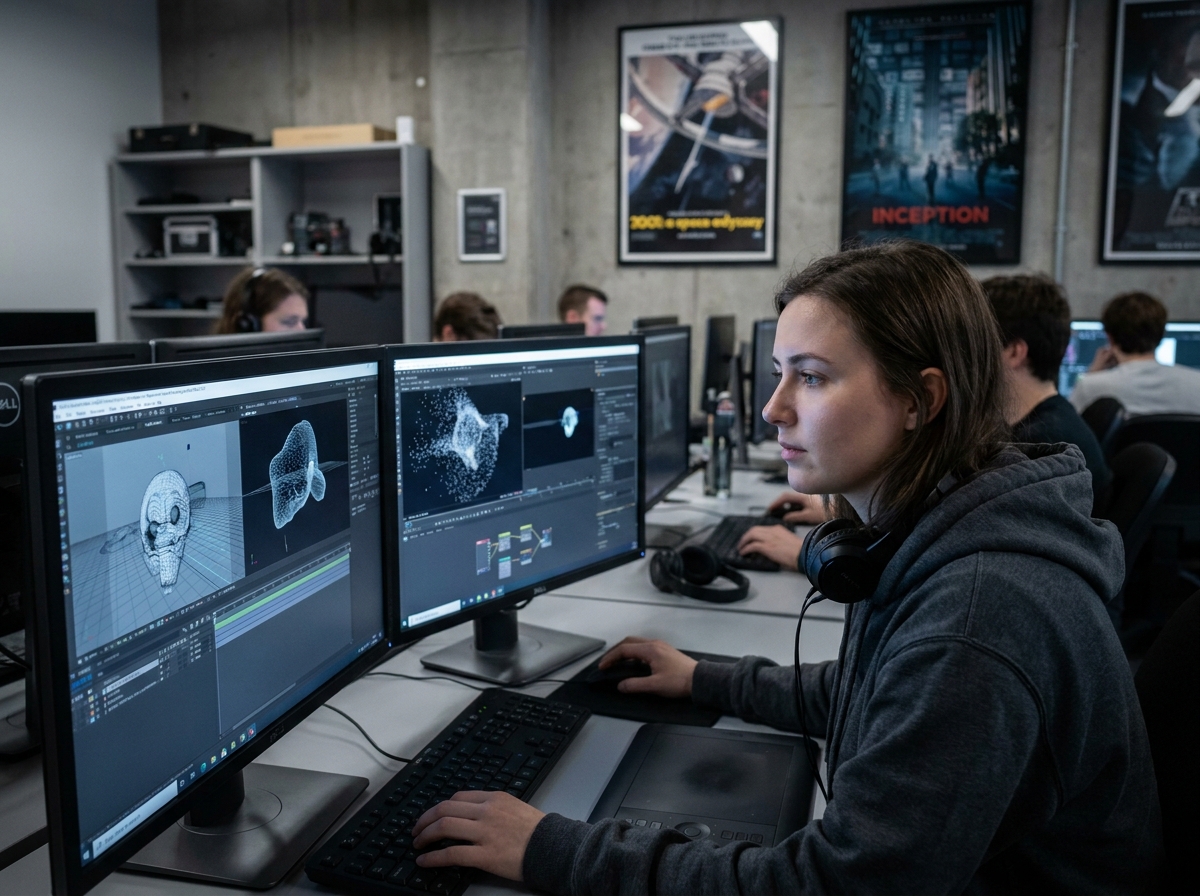 Étudiante en effets spéciaux numériques travaillant sur un logiciel de VFX dans un studio d'école de cinéma moderne