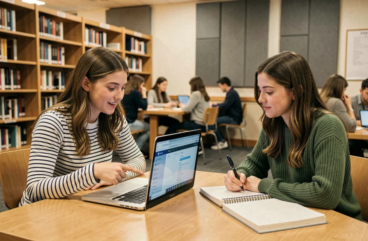 Deux étudiantes consultant ensemble le site de paiement de la CVEC dans une bibliothèque universitaire