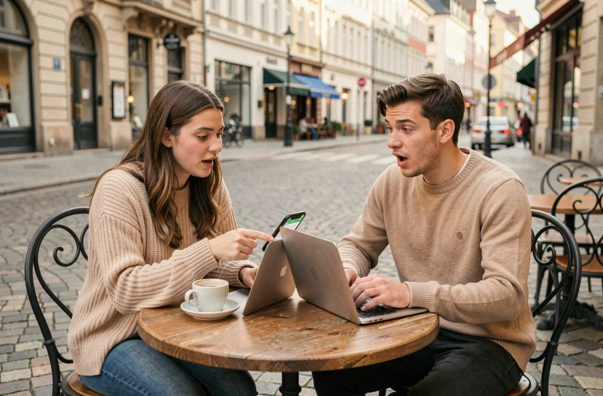 Deux étudiants découvrant des réductions manquées via une application de carte étudiante en terrasse