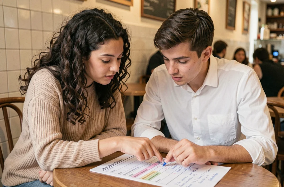 Deux étudiants analysant ensemble leur classement estimé au concours BCE dans un café