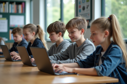 Groupe d'élèves au lycée travaillant ensemble sur des ordinateurs