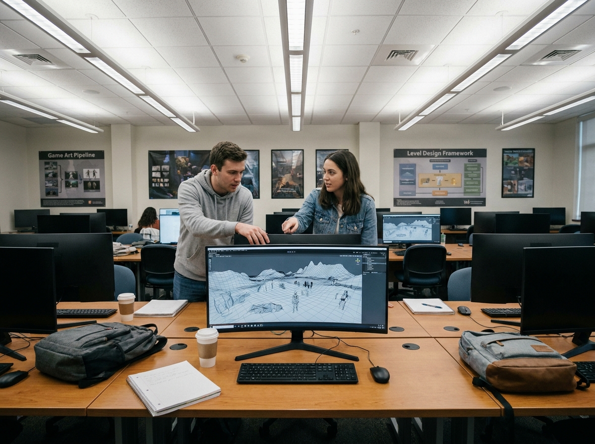 Deux étudiants collaborant sur un projet de game design dans une salle informatique universitaire