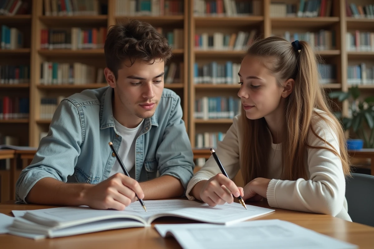 Deux lycéens comparant des brochures d'établissements scolaires du 94 dans une bibliothèque de lycée