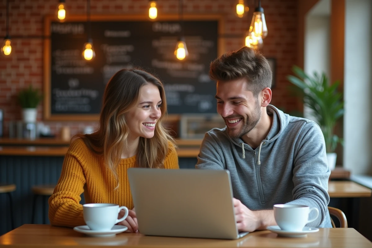 Deux étudiants comparant une plateforme de réductions étudiantes sur leurs ordinateurs portables dans un café universitaire