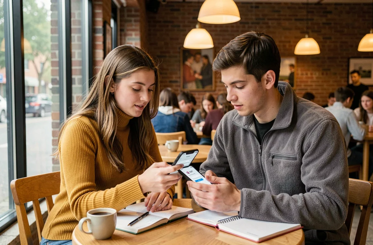 Deux étudiants consultant ensemble l'ENT de l'Université d'Angers sur smartphone dans un café universitaire