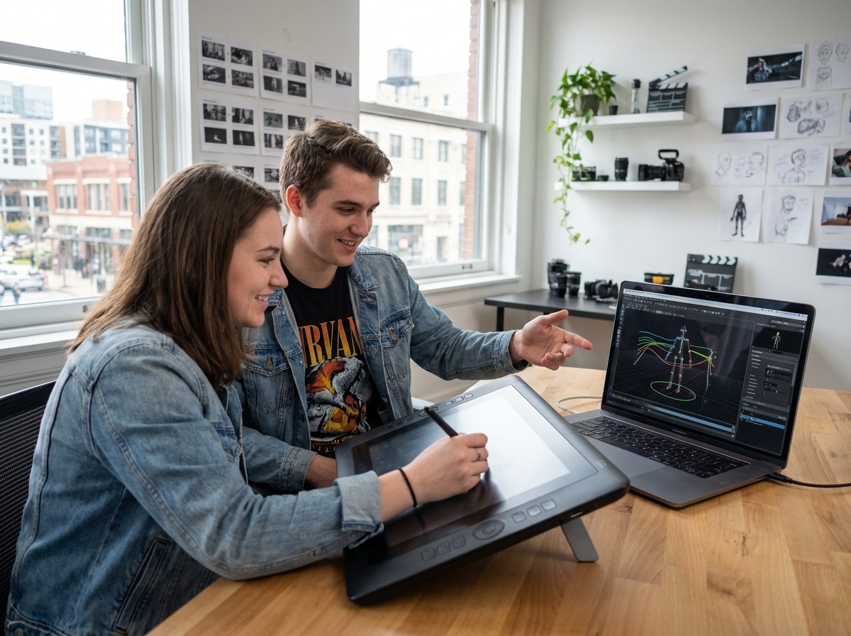 Deux étudiants collaborant sur un projet de motion capture et effets visuels dans une école de cinéma