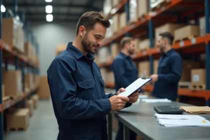 Homme en tenue de travail consultant des documents dans un entrepôt logistique, illustrant l'évolution professionnelle sans diplôme