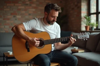 Guitariste adulte jouant un accord de sol majeur sur une guitare acoustique dans un salon chaleureux avec mur en briques