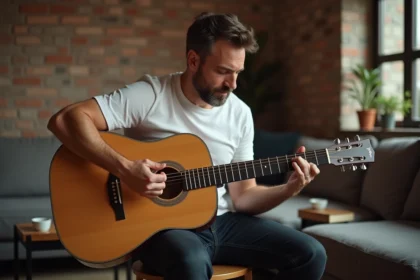 Guitariste adulte jouant un accord de sol majeur sur une guitare acoustique dans un salon chaleureux avec mur en briques