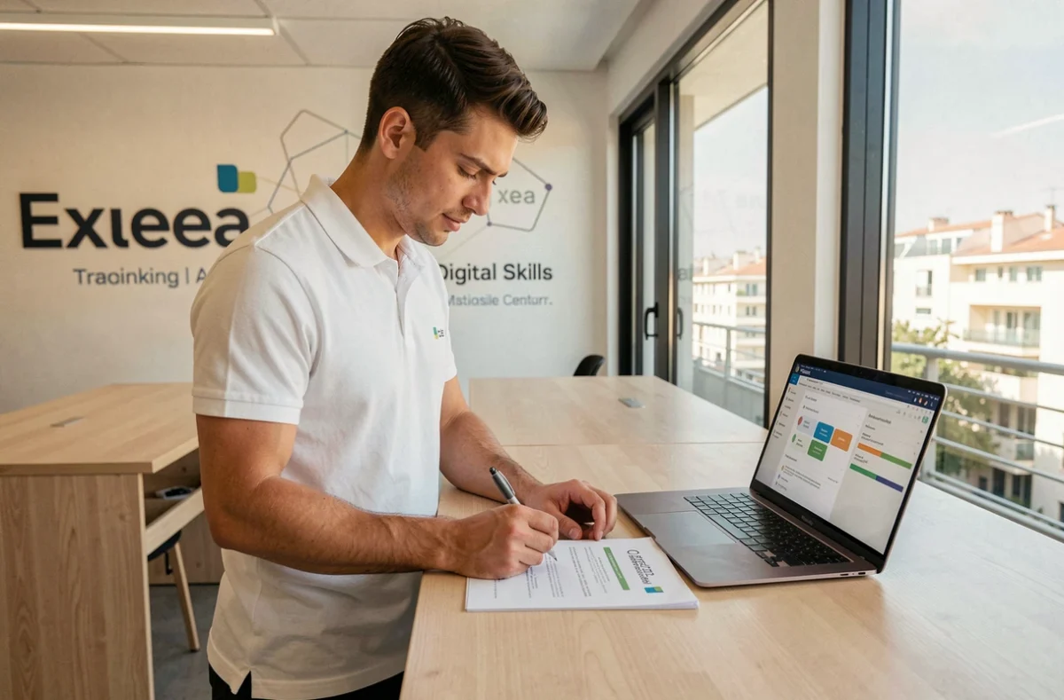 Jeune professionnel consultant un parcours de certification numérique dans les locaux d'Exxea à Marseille
