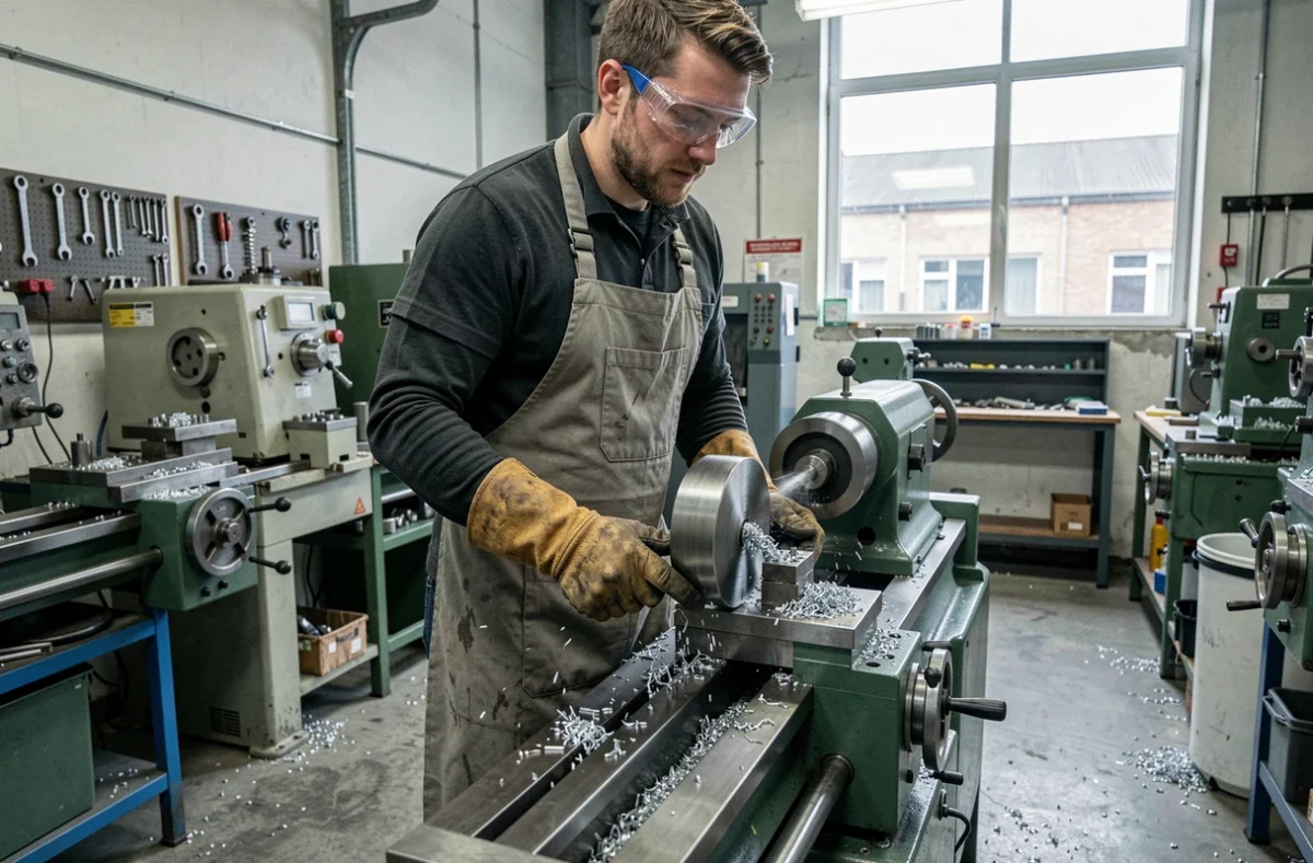 Apprenti sur tour métallique dans l'atelier usinage de la Faculté des Métiers de Fougères