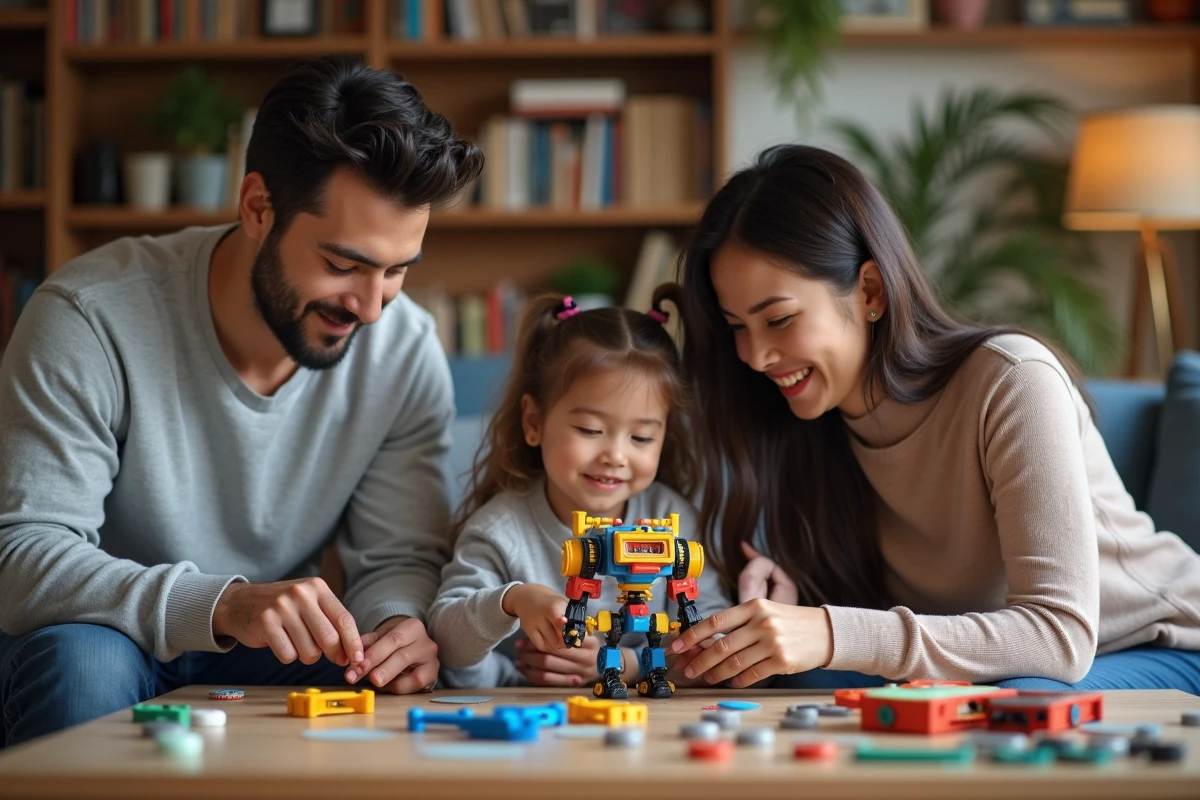 Famille assemble un robot en kit dans le salon