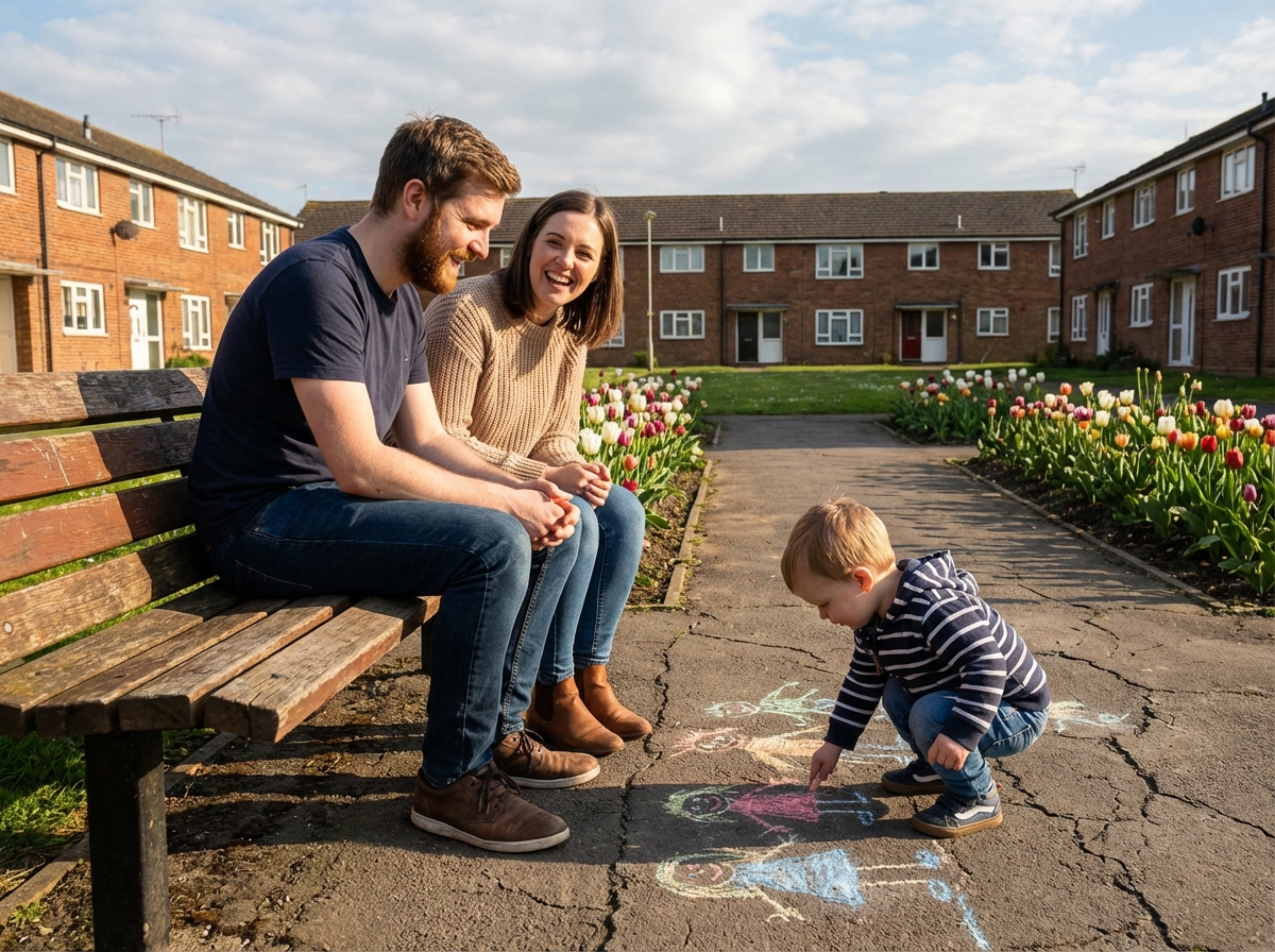 Famille sur un banc dans un parc en pleine activité