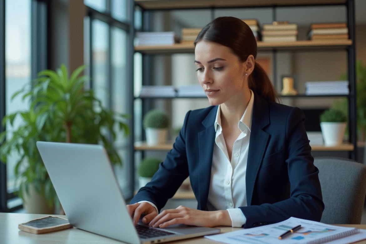 Femme d'affaires en bureau moderne analysant des graphiques financiers
