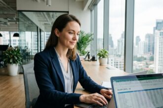 Femme professionnelle analysant des données salariales sur un ordinateur portable dans un bureau moderne