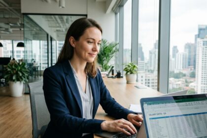 Femme professionnelle analysant des données salariales sur un ordinateur portable dans un bureau moderne