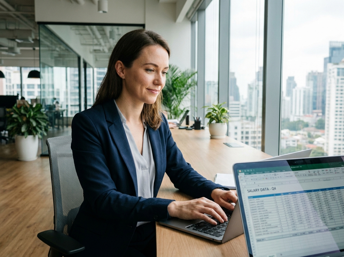 Femme professionnelle analysant des données salariales sur un ordinateur portable dans un bureau moderne