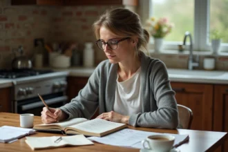 Femme de 45 ans apprenant l'arabe seule à la maison avec un manuel et des notes manuscrites sur une table en bois