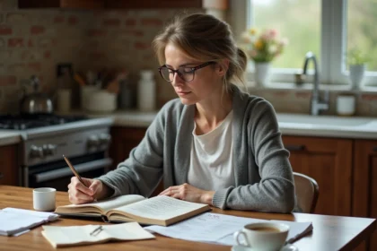 Femme de 45 ans apprenant l'arabe seule à la maison avec un manuel et des notes manuscrites sur une table en bois