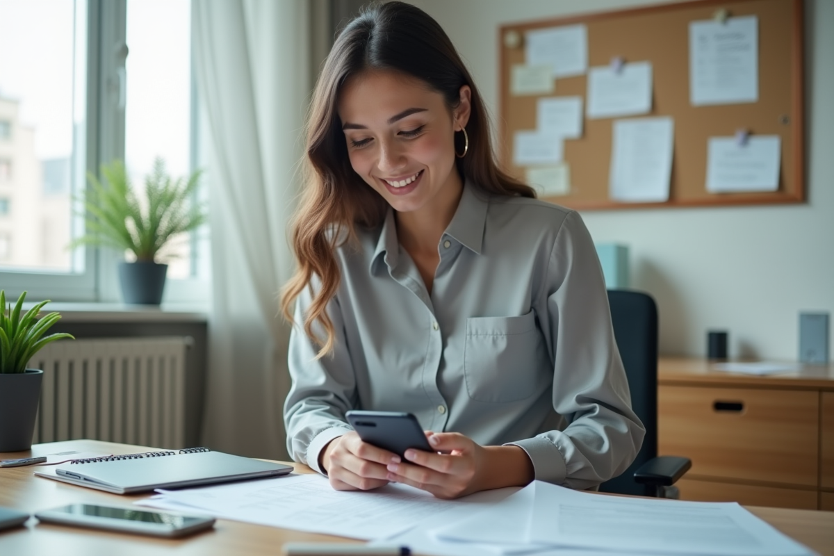 Jeune femme en bureau examinant des papiers avec smartphone