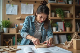 Femme concentrée assemble un modèle en bois dans son atelier