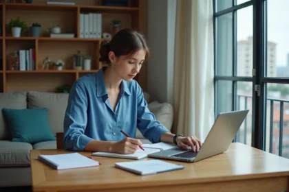 Jeune femme travaillant à son bureau dans un appartement