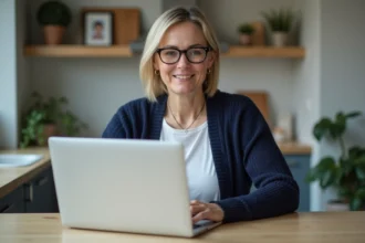 Femme concentrée sur son ordinateur dans une cuisine lumineuse