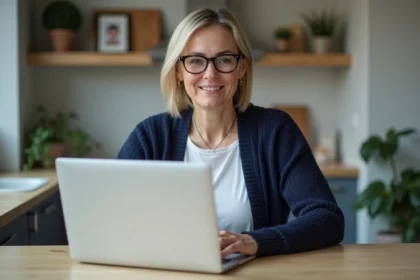 Femme concentrée sur son ordinateur dans une cuisine lumineuse