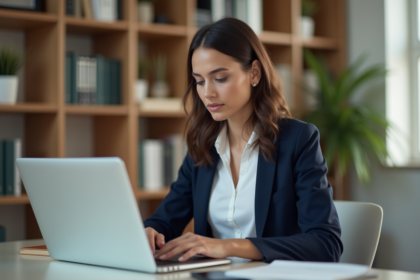 Femme professionnelle en bureau moderne en train de mettre à jour son CV