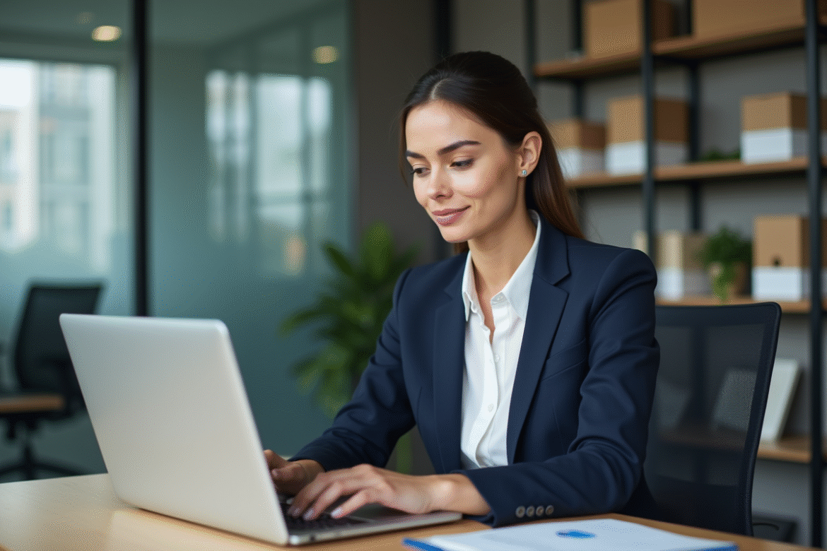 Femme en bureau naviguant sur laptop civc