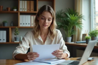 Femme en bureau moderne examinant des documents
